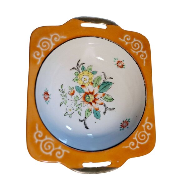 Vintage Mid-Century Square Floral Enamel Bowl With Handles Made In Japan - Orang - Picture 1 of 4
